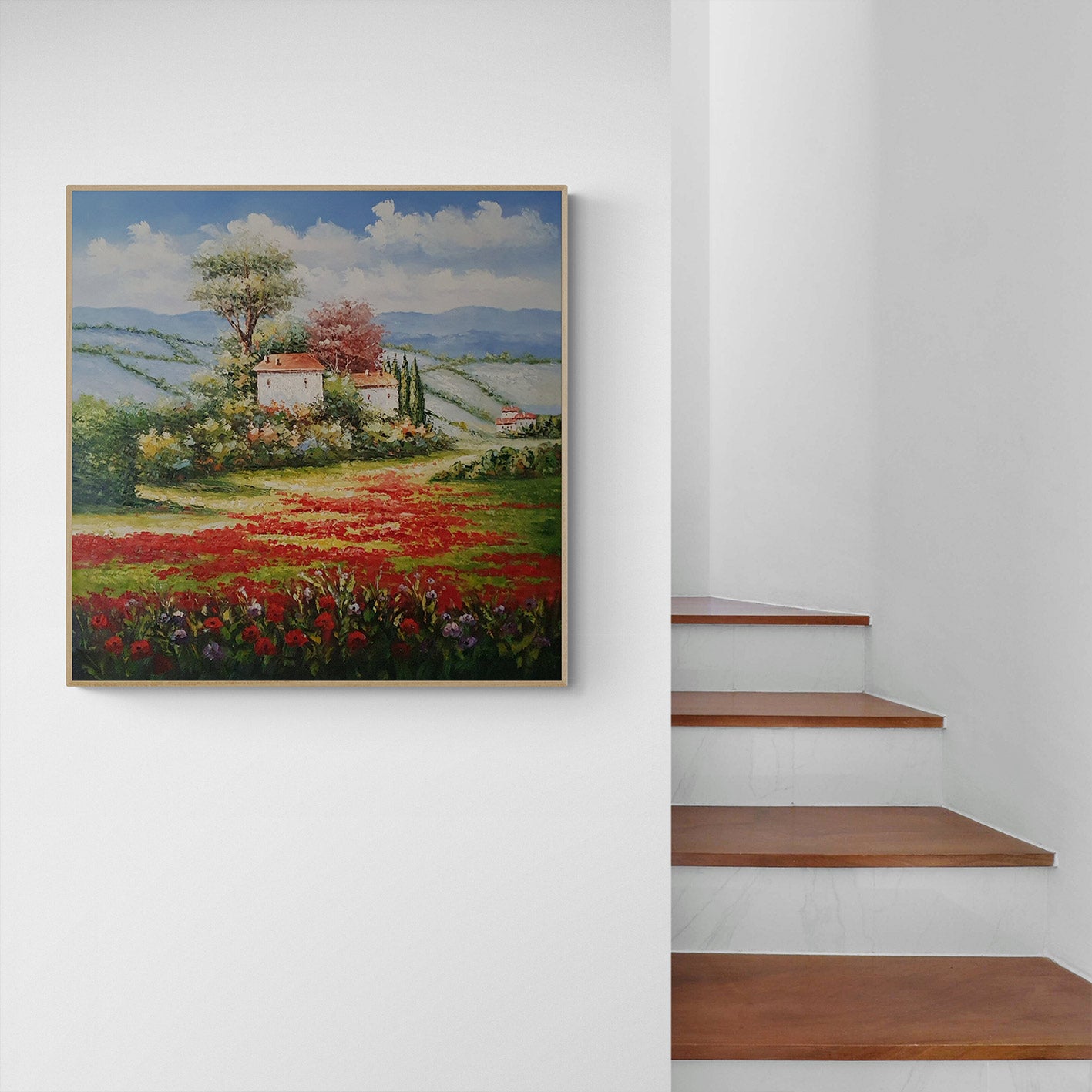 Cuadro de paisaje rural pintado al óleo con flores y casas tradicionales