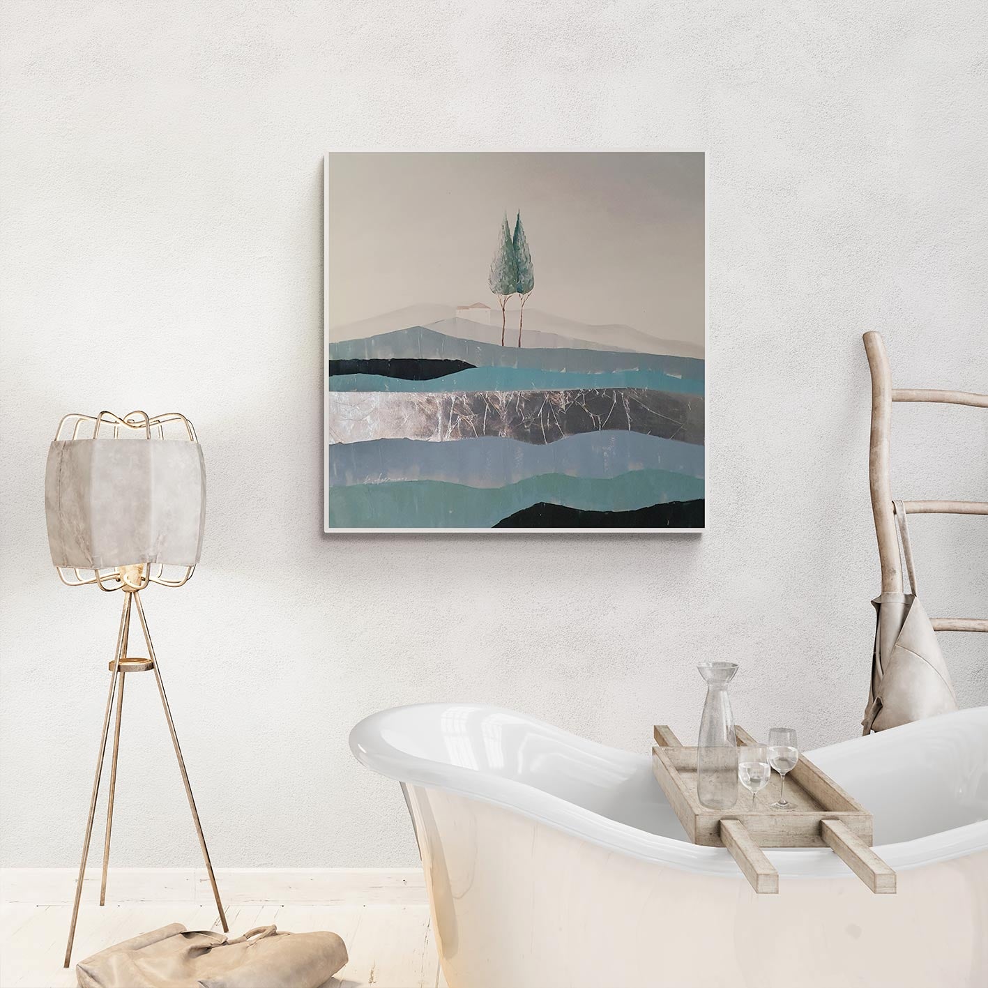 Cuadro para salón pintado al óleo a mano de paisaje abstracto plateado