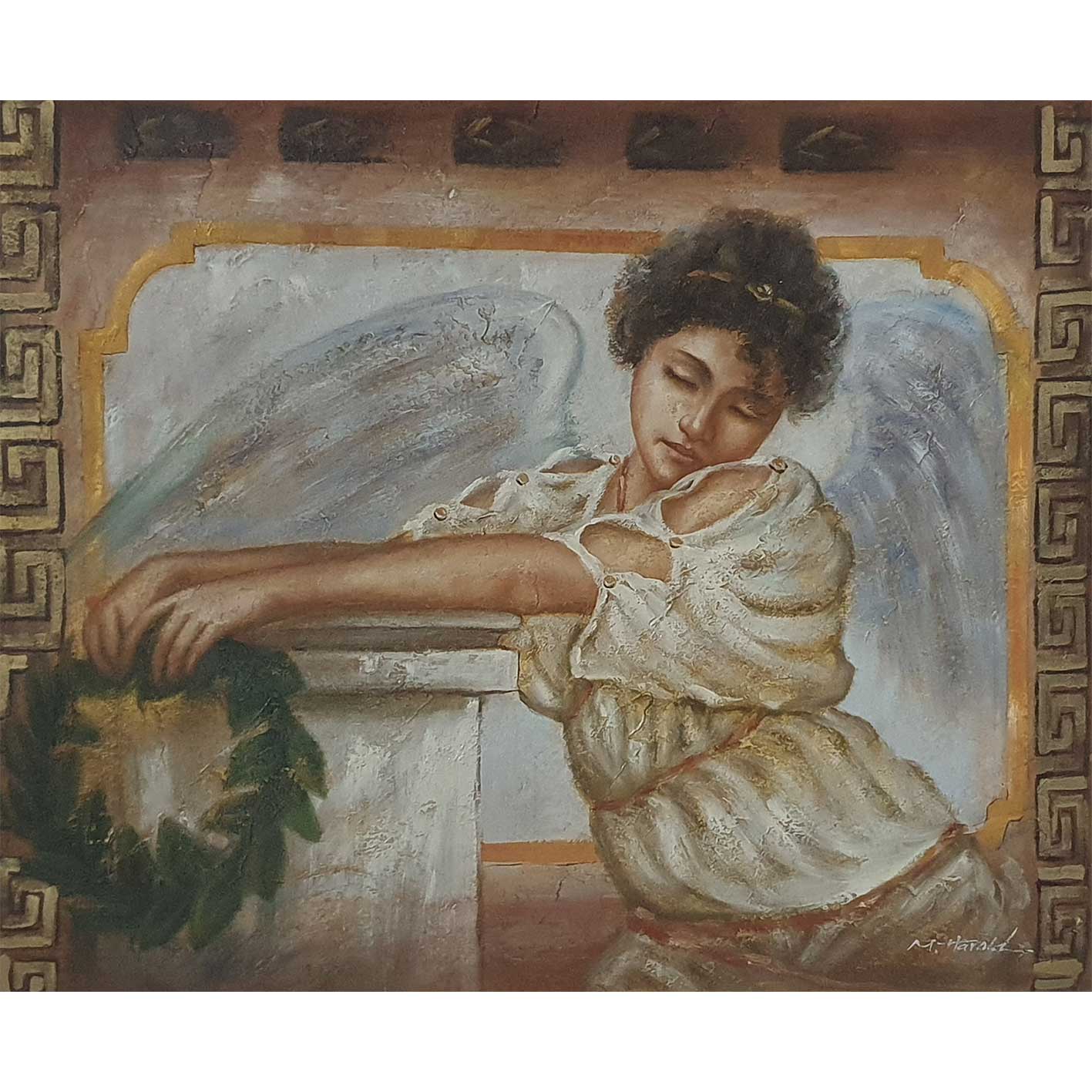 Cuadro al oleo mujer angel pintado a mano