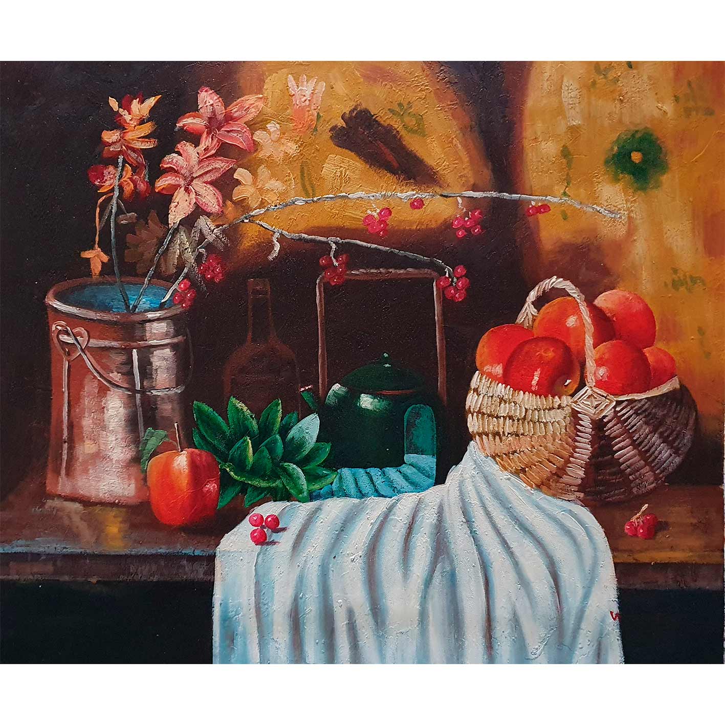 Cuadro rústico con flores frutas y utensilios 