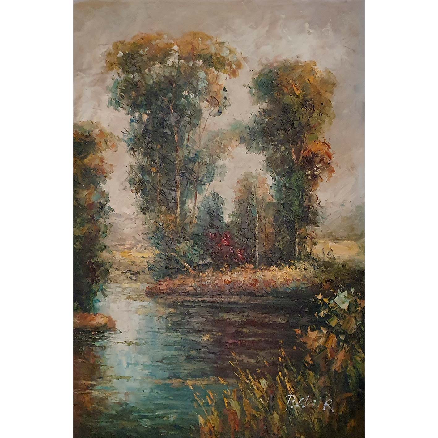 Cuadro de paisaje realista pintado a mano con técnica de espátula