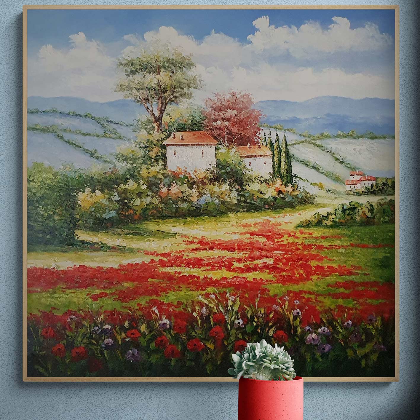 Cuadro al óleo de paisaje rural con amapolas rojas