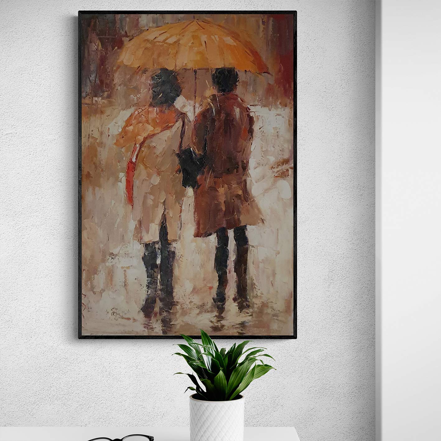 Cuadro figurativo vertical hecho a mano con pareja bajo la lluvia