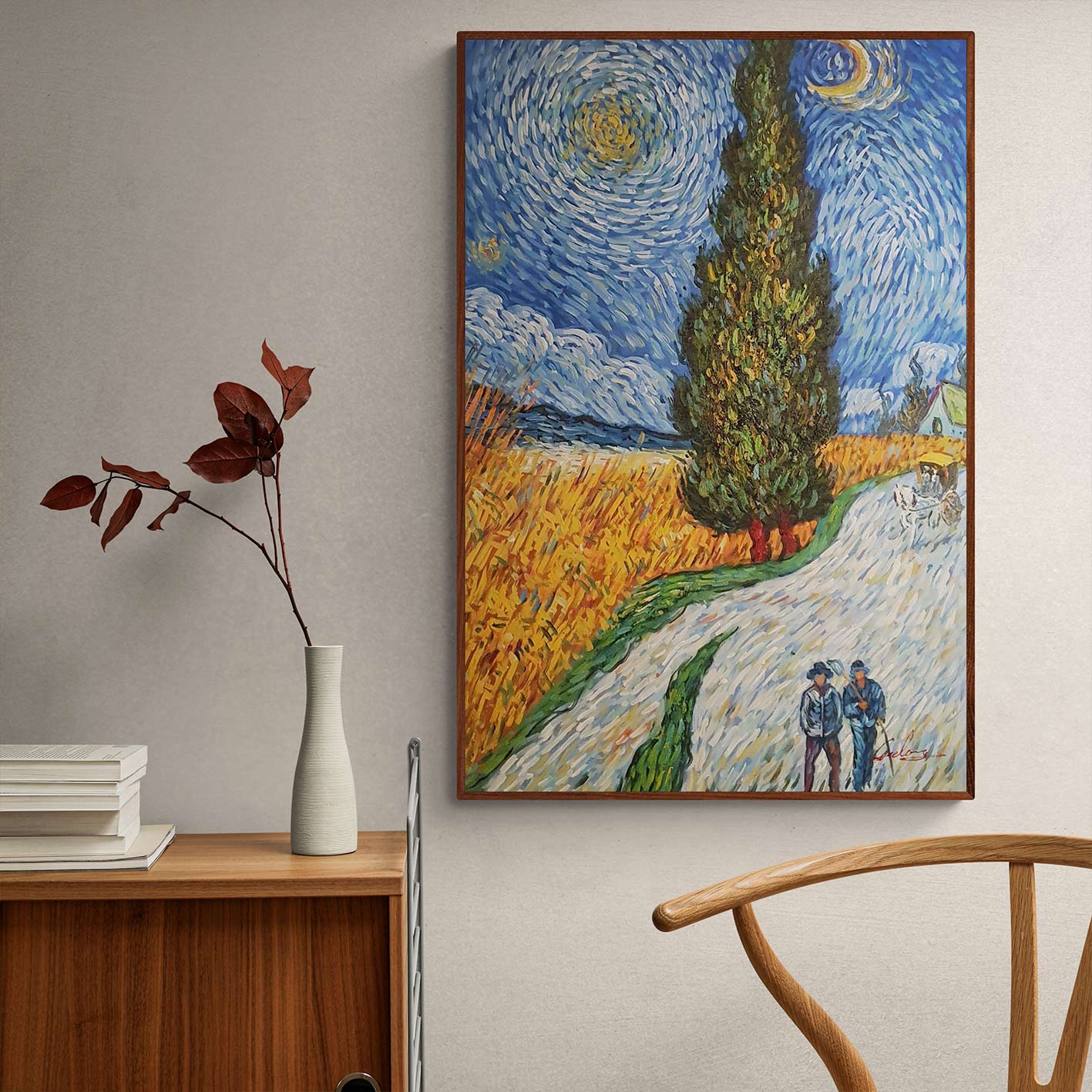 Cuadro estilo postimpresionista con campo de trigo y cielo en espiral