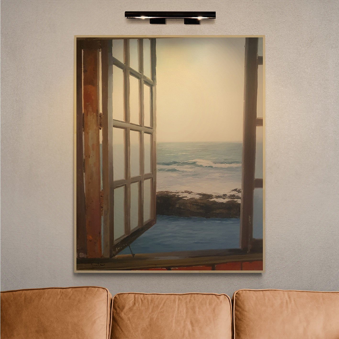 Cuadro ventana al oleo pintada a mano