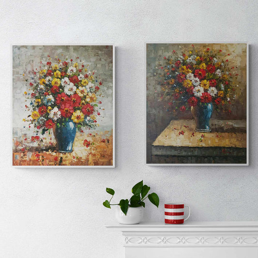 Cuadros florales texturizados con jarrón azul