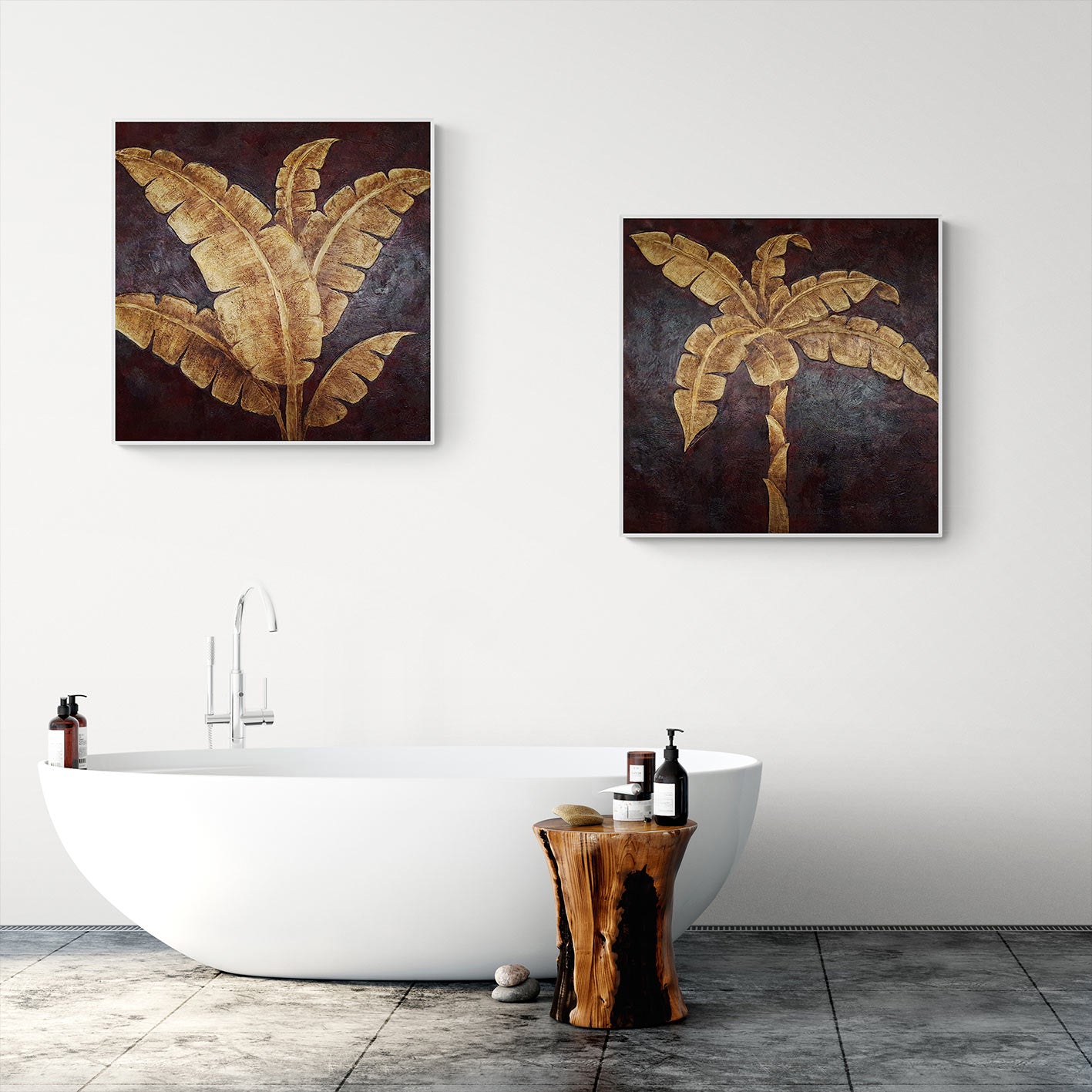 Díptico decorativo tropical de 2 piezas con textura y efecto de oro