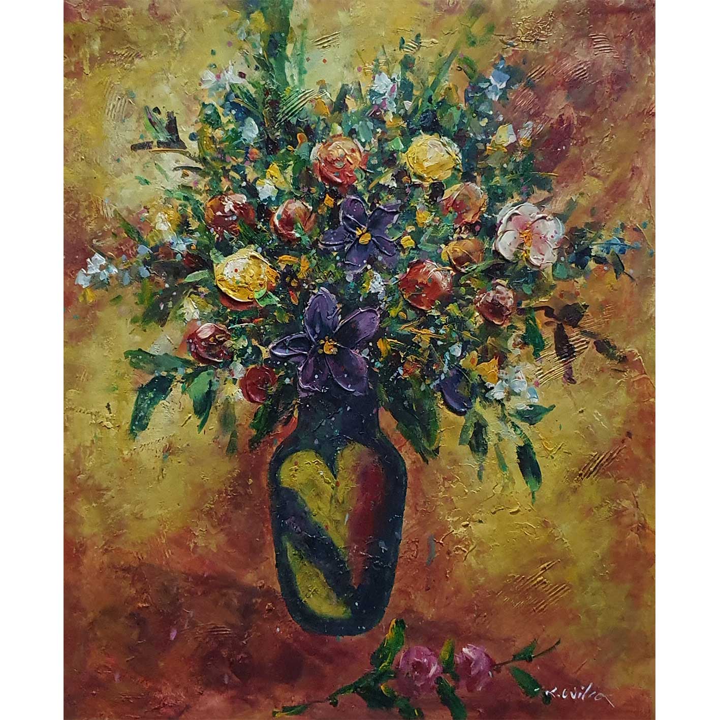 Díptico de cuadros florales contemporáneos con textura en óleo para decorar salón