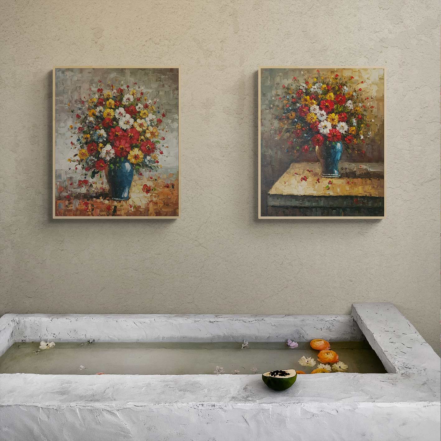 Pintura floral dos piezas óleo sobre lienzo estilo espátula