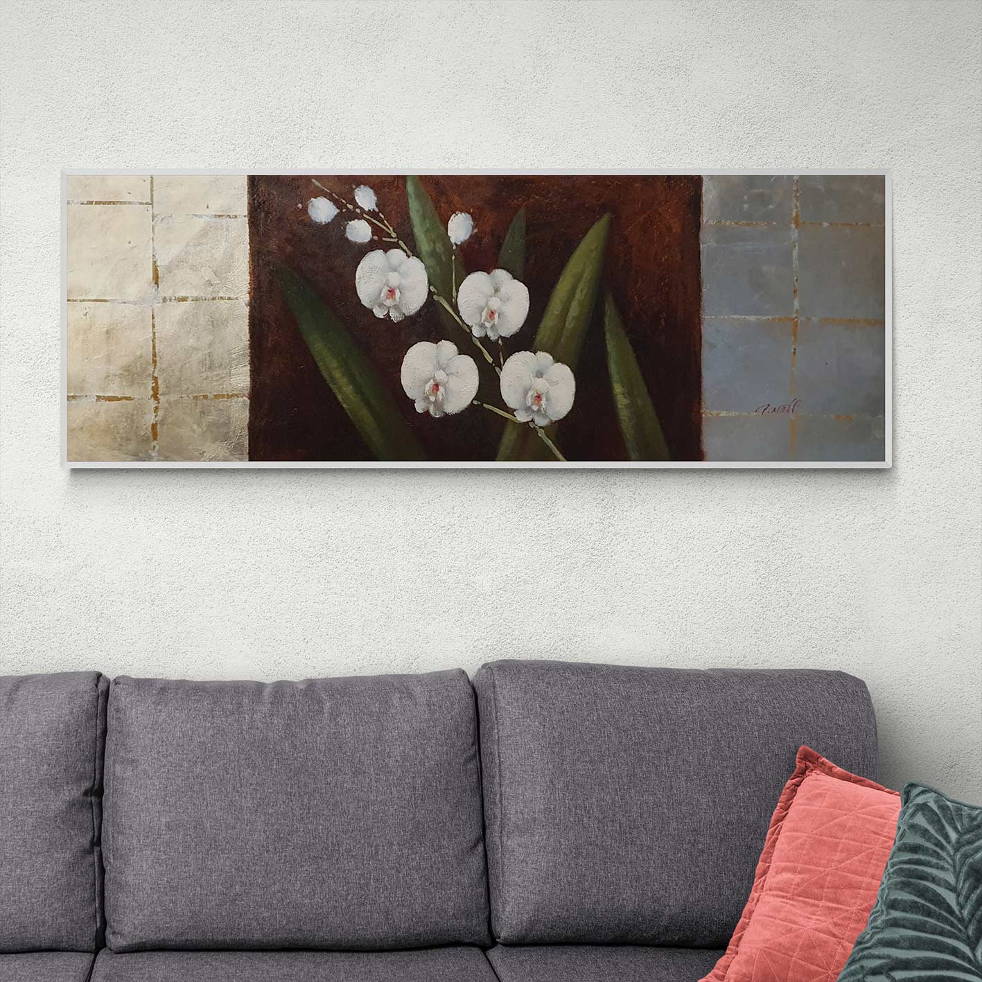 Cuadro Flores Plata Blancas 120x40 cm