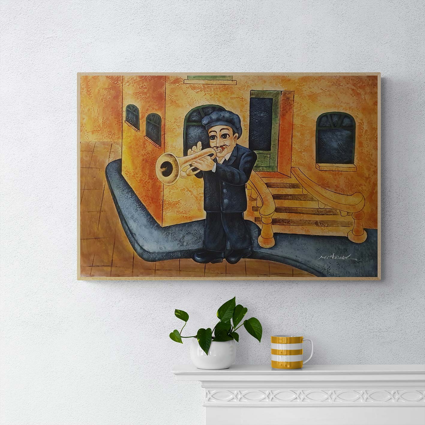 Obra de arte urbana con fondo naranja y escalera