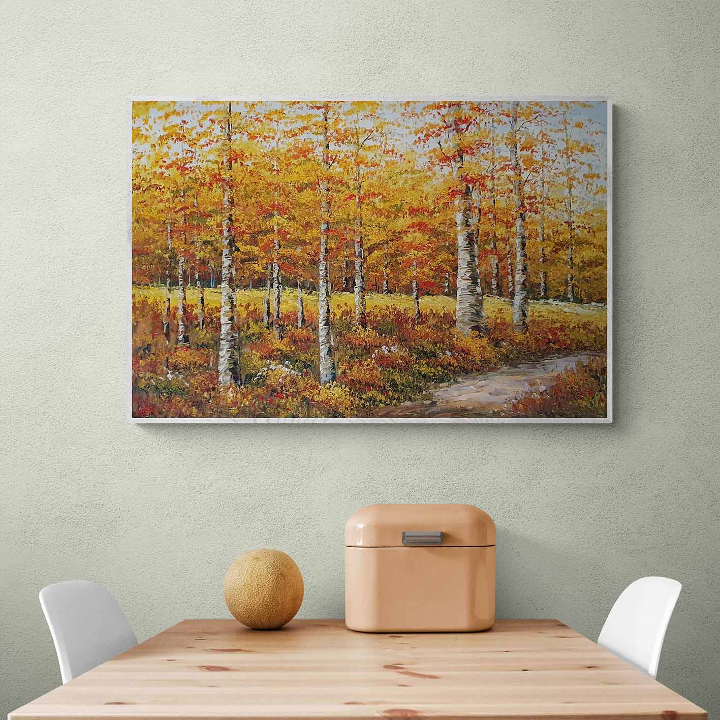 Cuadro al óleo hecho a mano con bosque en otoño