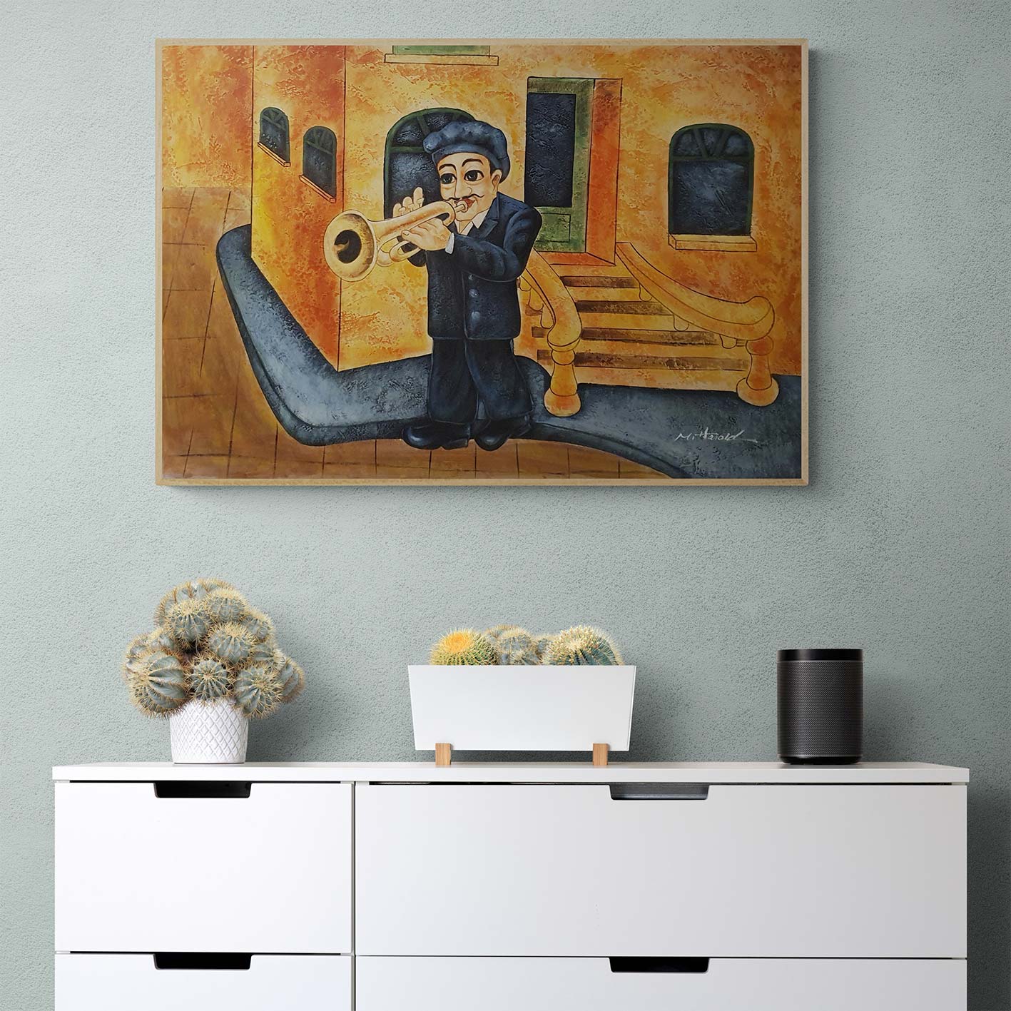Pintura artística estilo caricatura con músico