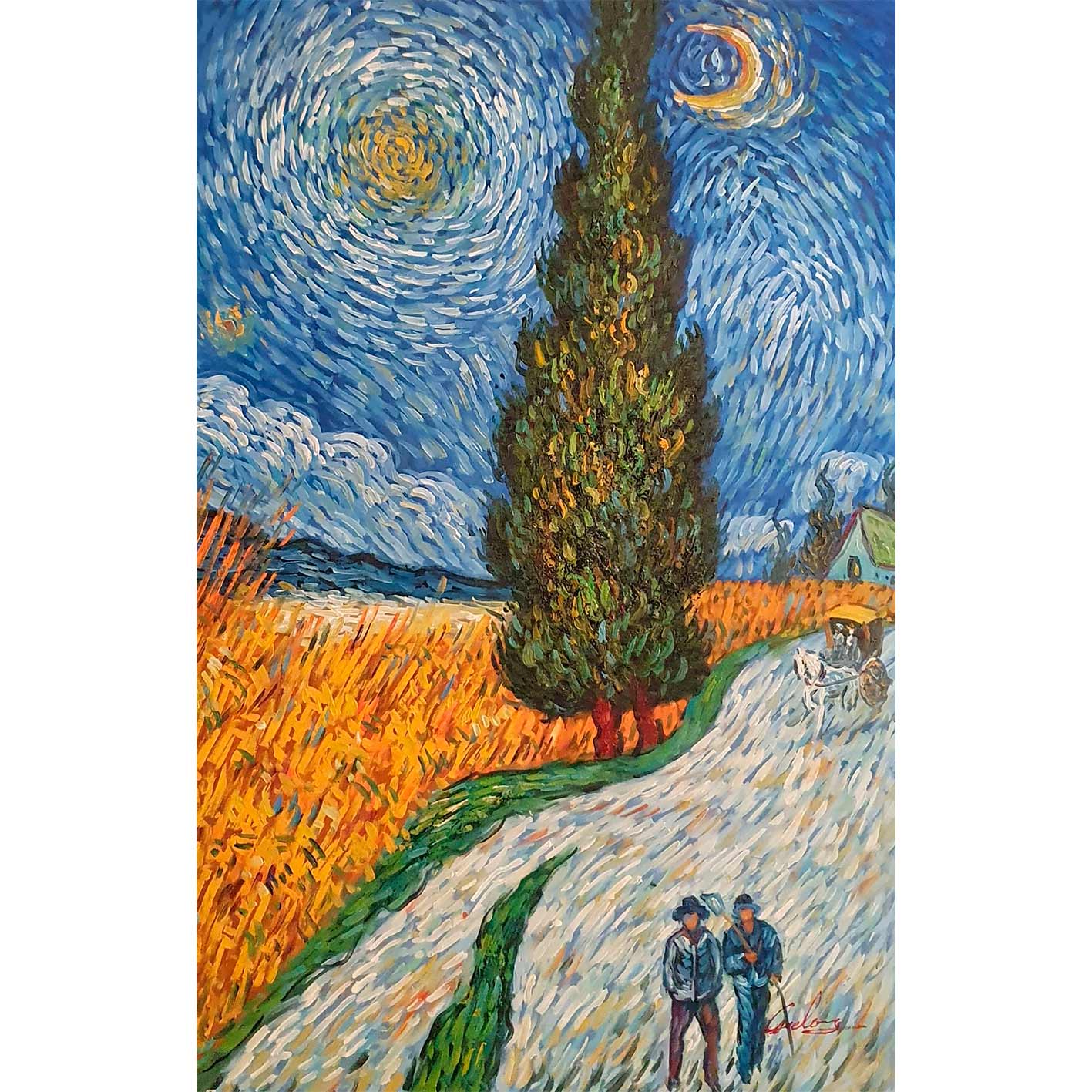 Cuadro hecho a mano estilo Van Gogh con ciprés