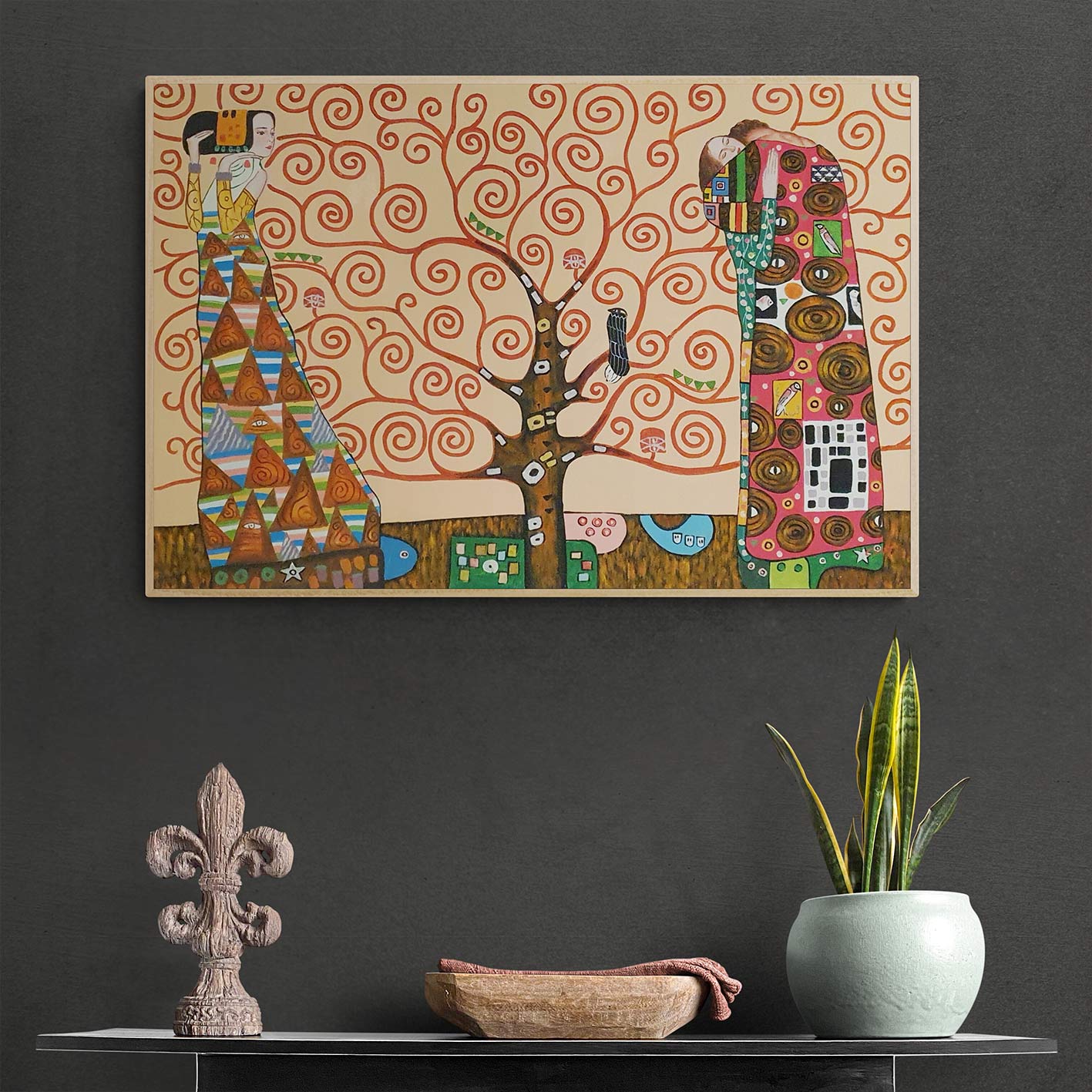 Lienzo decorativo con pareja y árbol de ramas rojas inspirado en Gustav Klimt