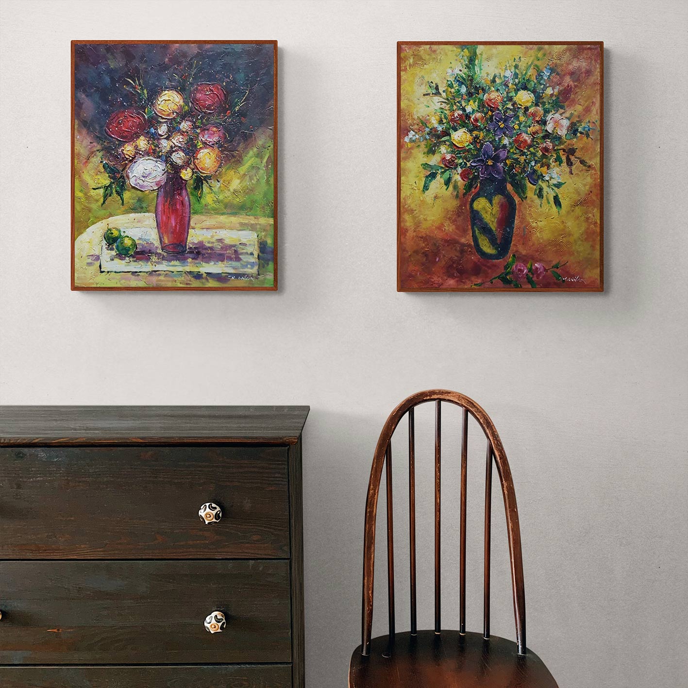 Set de dos cuadros florales decorativos en tonos cálidos y vibrantes