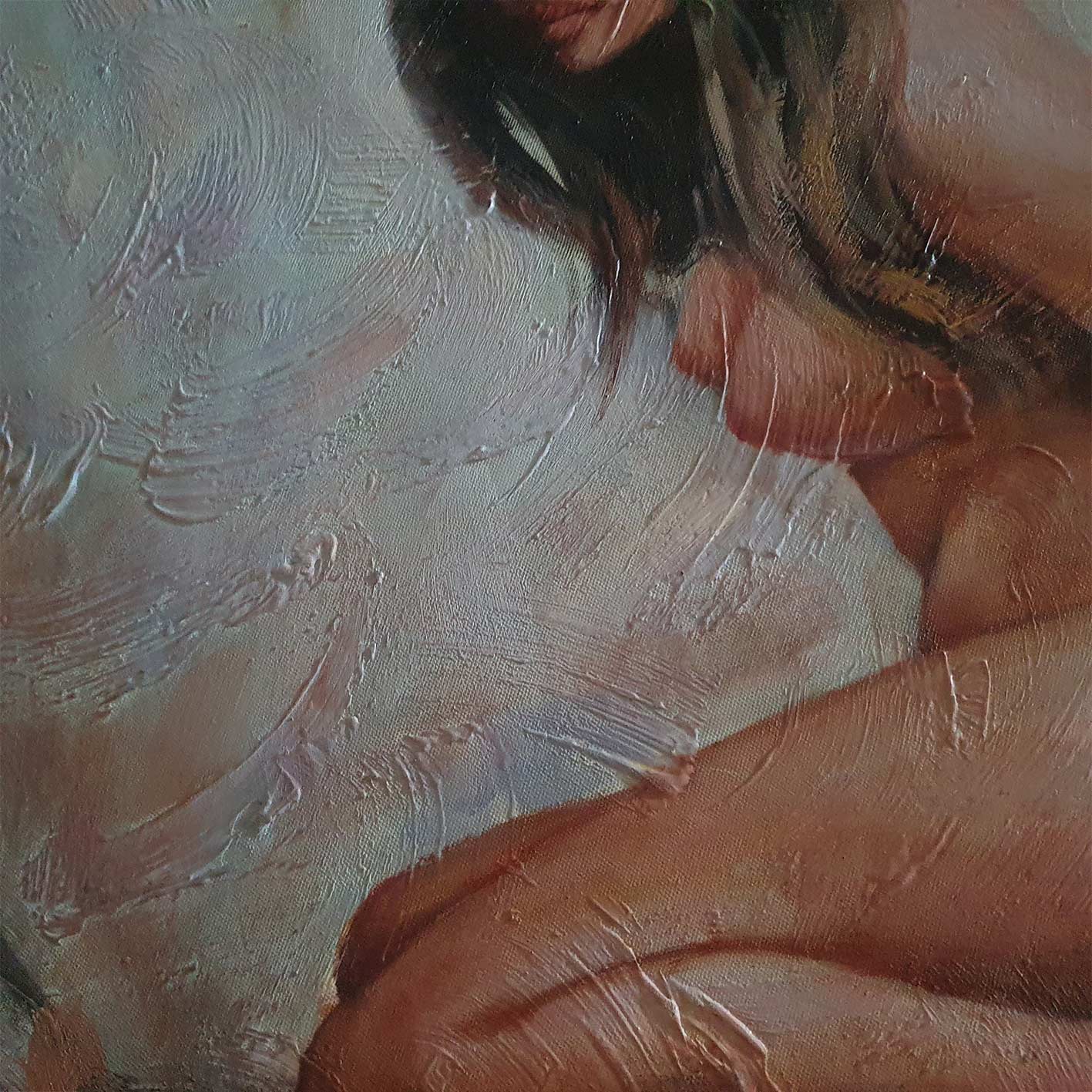 Detalle de textura de cuadro moderno pintado al óleo de desnudo femenino