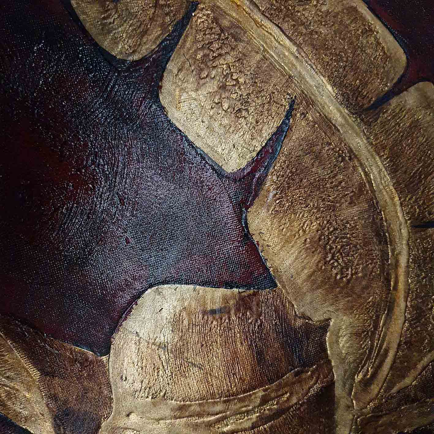 Detalle de textura de cuadro al óleo pintado a mano de vegetación tropical en oro