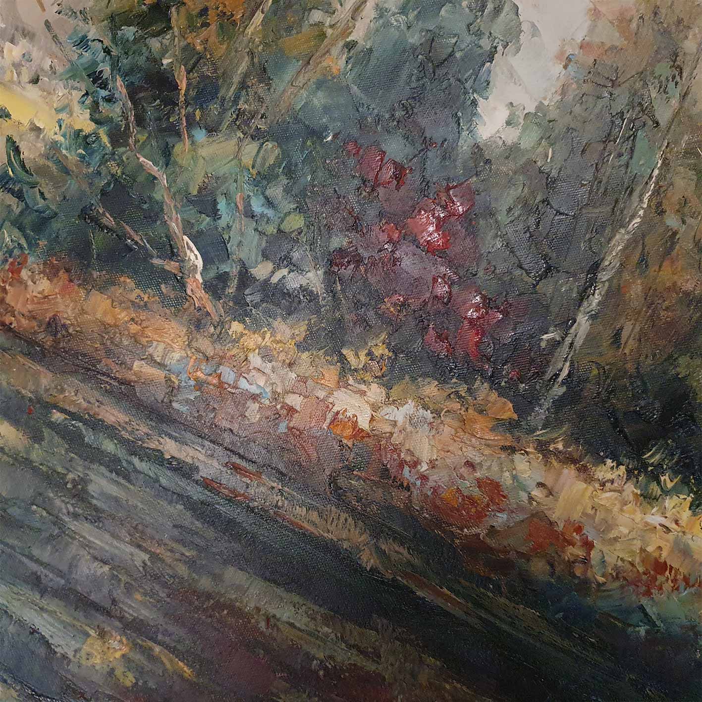Detalle de textura de cuadro clásico de paisaje hecho a mano con espátula