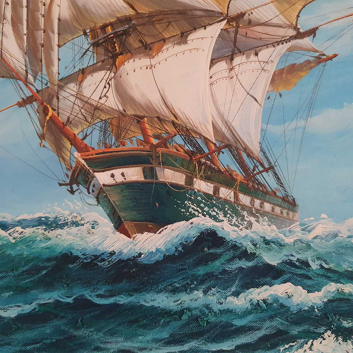 Detalle de textura de cuadro decorativo ideal para salón comedor y entrada con barco sobre el mar