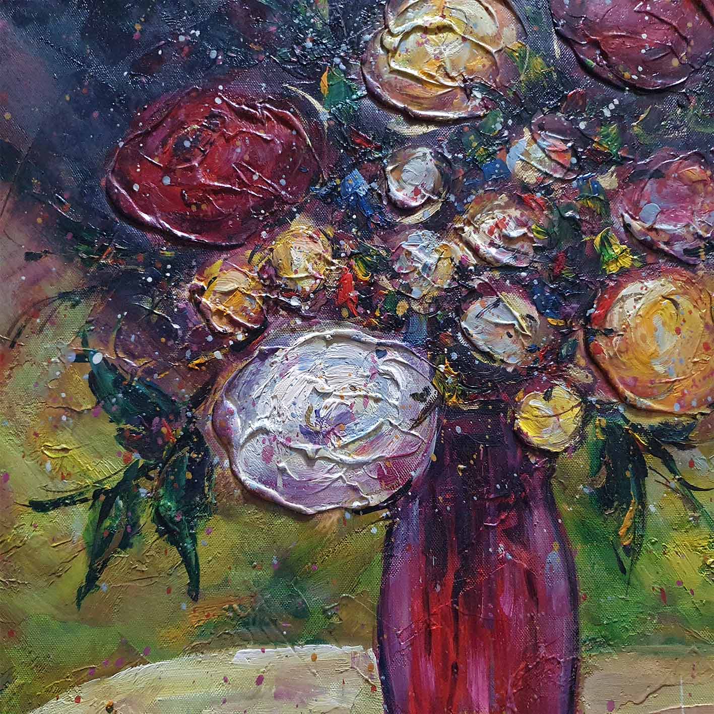 Detalle de textura de set de arte floral en dos piezas ideal para comedor o salón