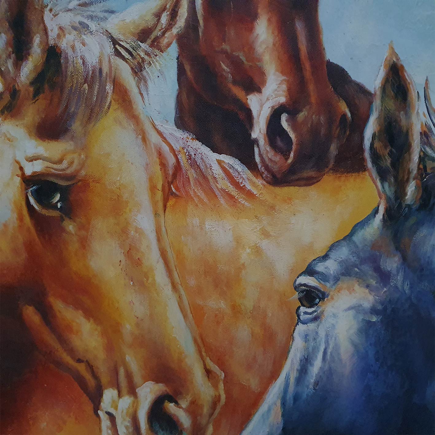 Detalle de textura de cuadro retrato realista de caballos en óleo sobre lienzo